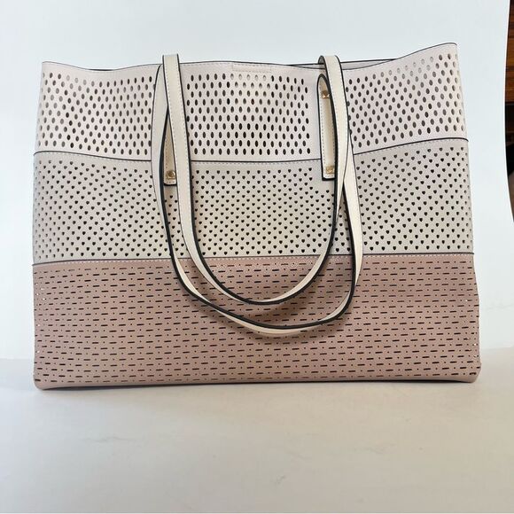 Mellow World Laser Cut Neutral Colorblock Cream Tan Large Tote Bag Purse Set - Picture 9 of 13